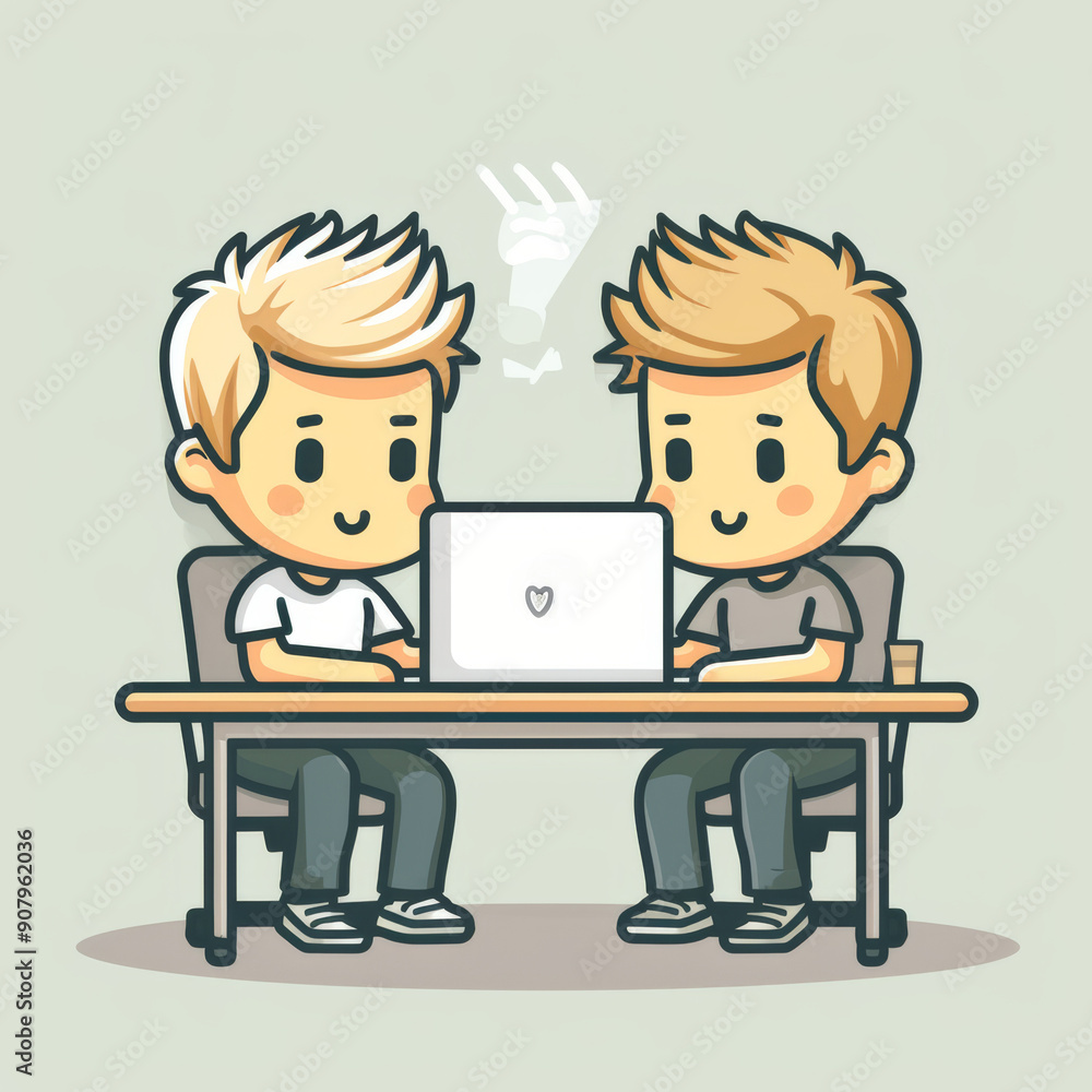 Poster animated stick figure characters exchanging a laptop in a simple, fun style on a white background. g