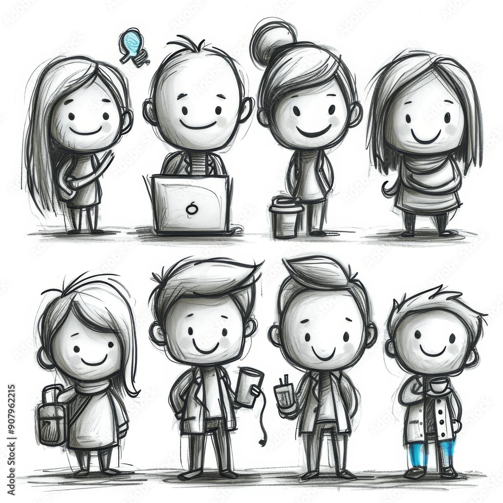 Poster animated stick figure characters with happy faces on white background expressing various emotions an