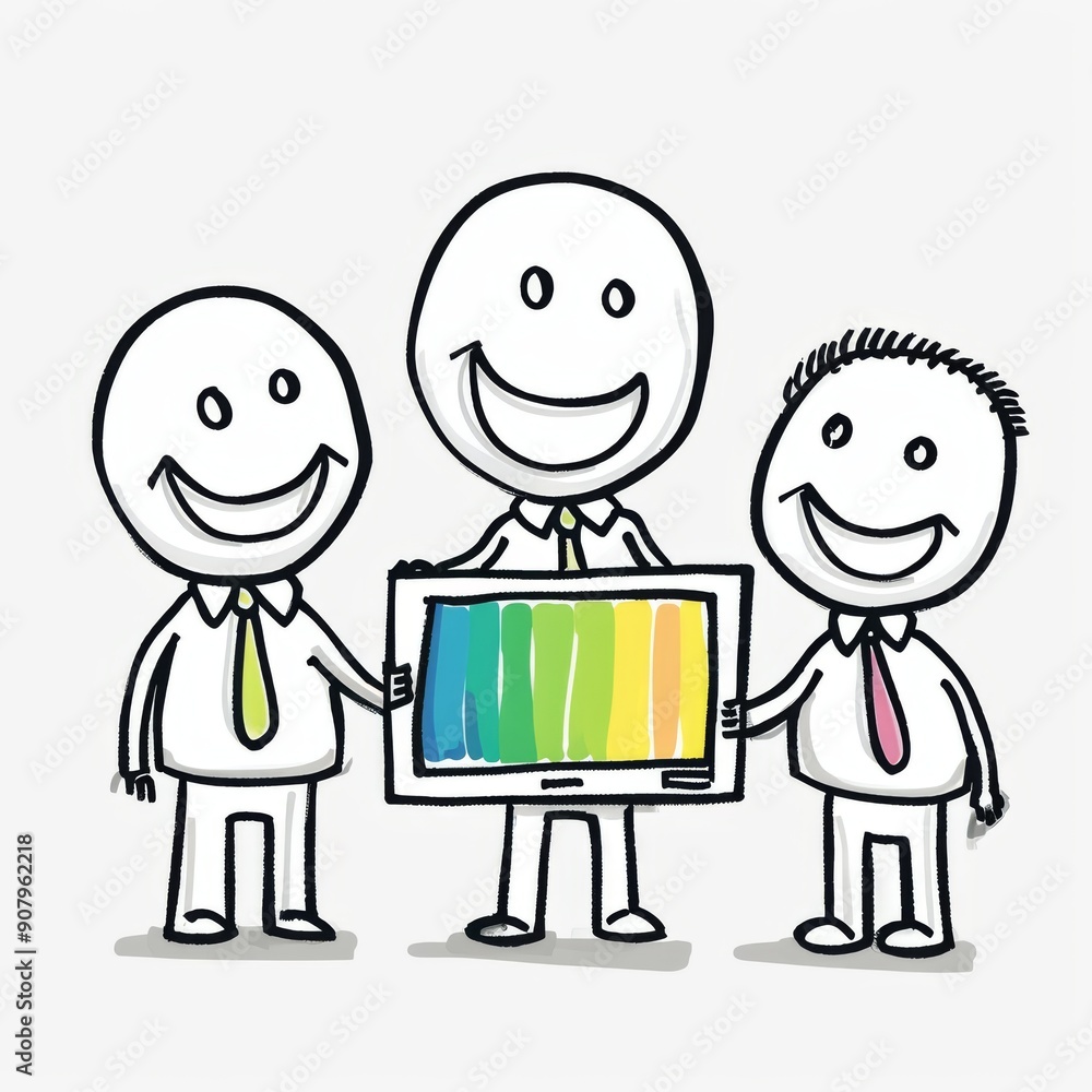Poster three stick figure characters presenting a colorful chart on a white background. generative ai