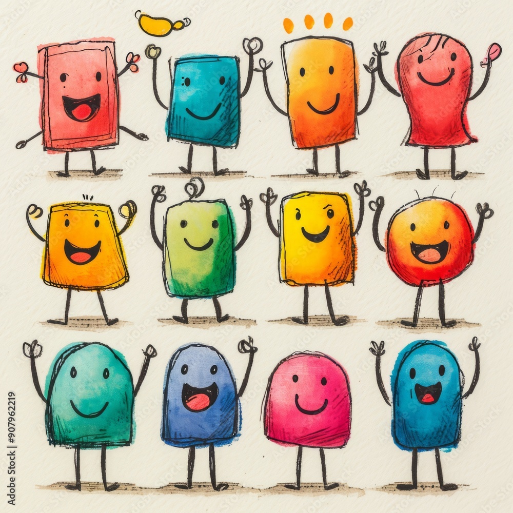 Poster animated stick figure characters with happy faces on white background expressing various emotions an