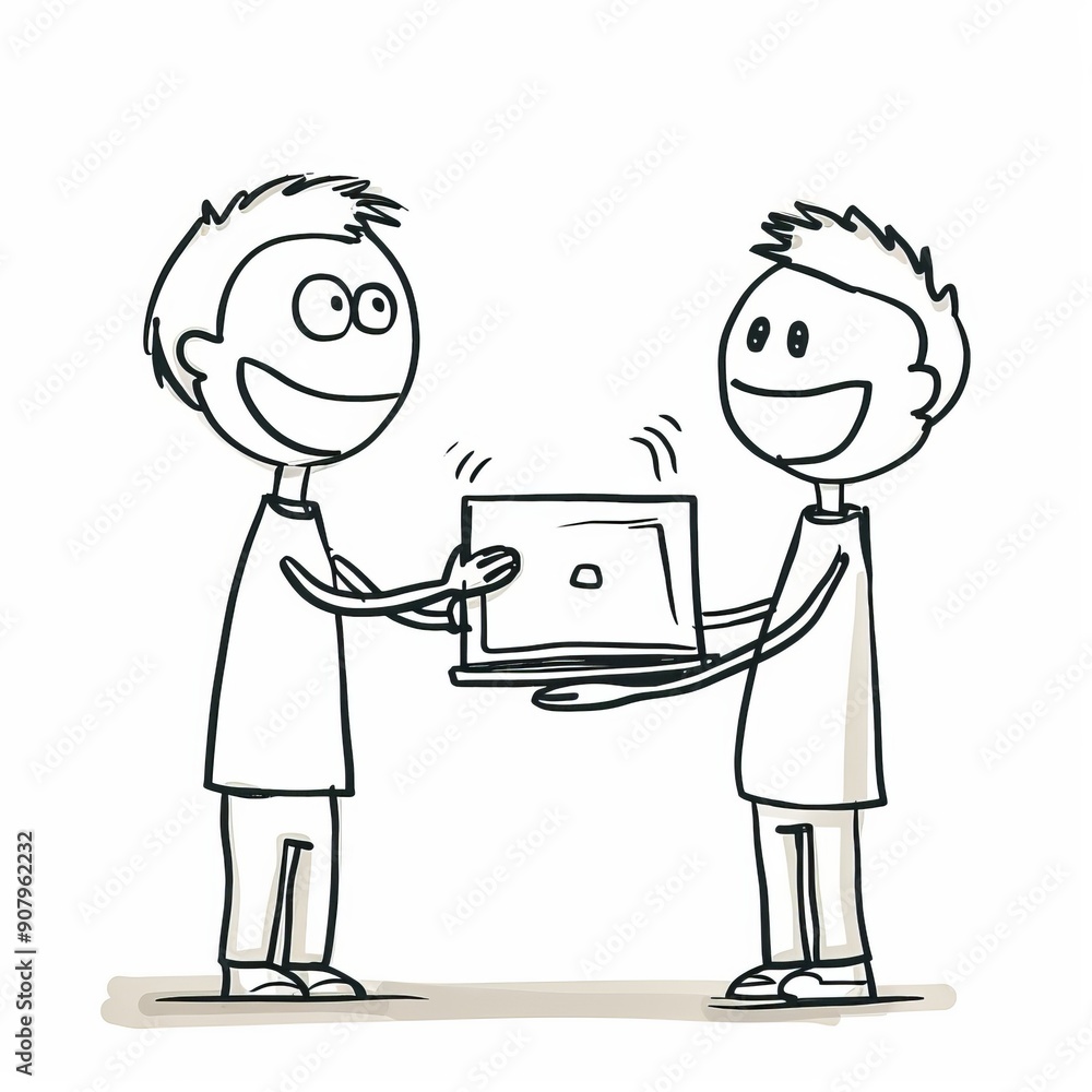 Poster animated stick figure characters exchanging a laptop in a simple, fun style on a white background. g