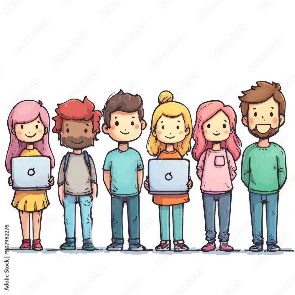 Poster group of happy stick figure characters holding laptops in a creative space. generative ai