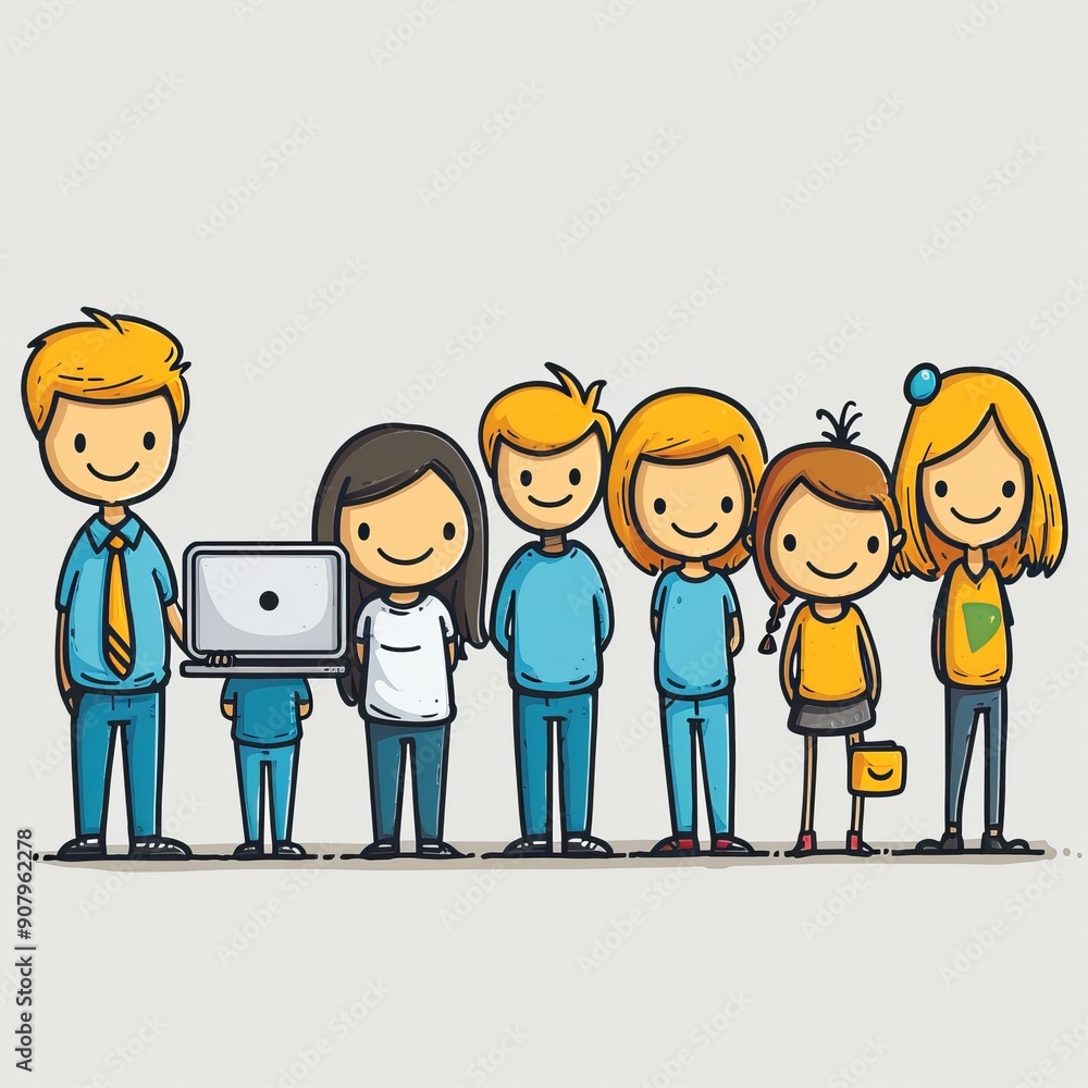 Poster group of four animated stick figures engaged in creative digital activity at a minimalist workspace.