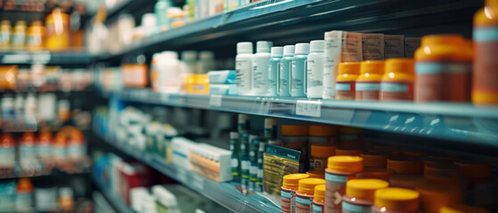 Shelves in a pharmacy with various medicine bottles and medical products, with a blurred depth of field background.