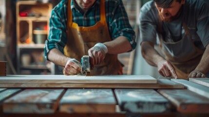 Carpenter using electric sander.
