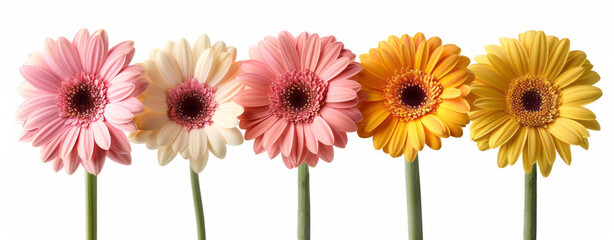 Colorful gerbera daisies on a white background, featuring pink, yellow, and other colors, arranged as a floral border.