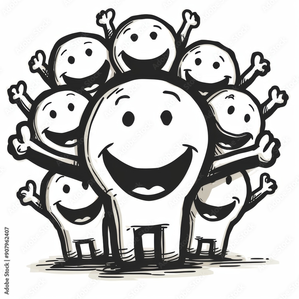 Poster cheerful animated stick figure characters expressing joy against white background. generative ai