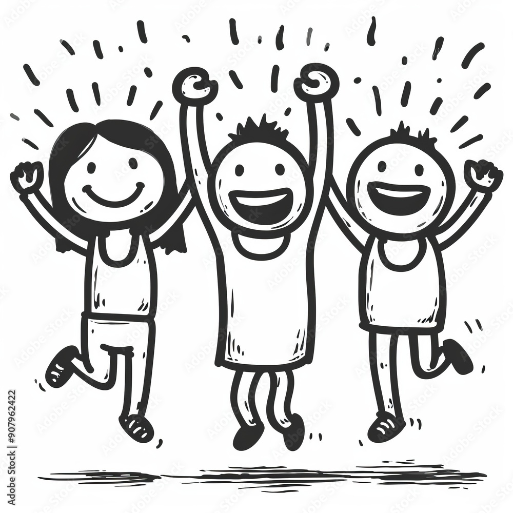 Poster animated stick figure characters celebrating joyfully against a simple white background. jump in joy