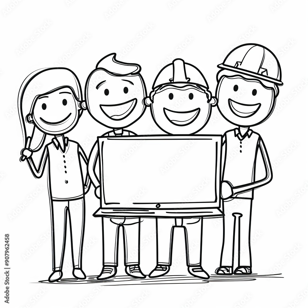 Poster delightful animated stick figure characters gather to share a creative idea together on a white back