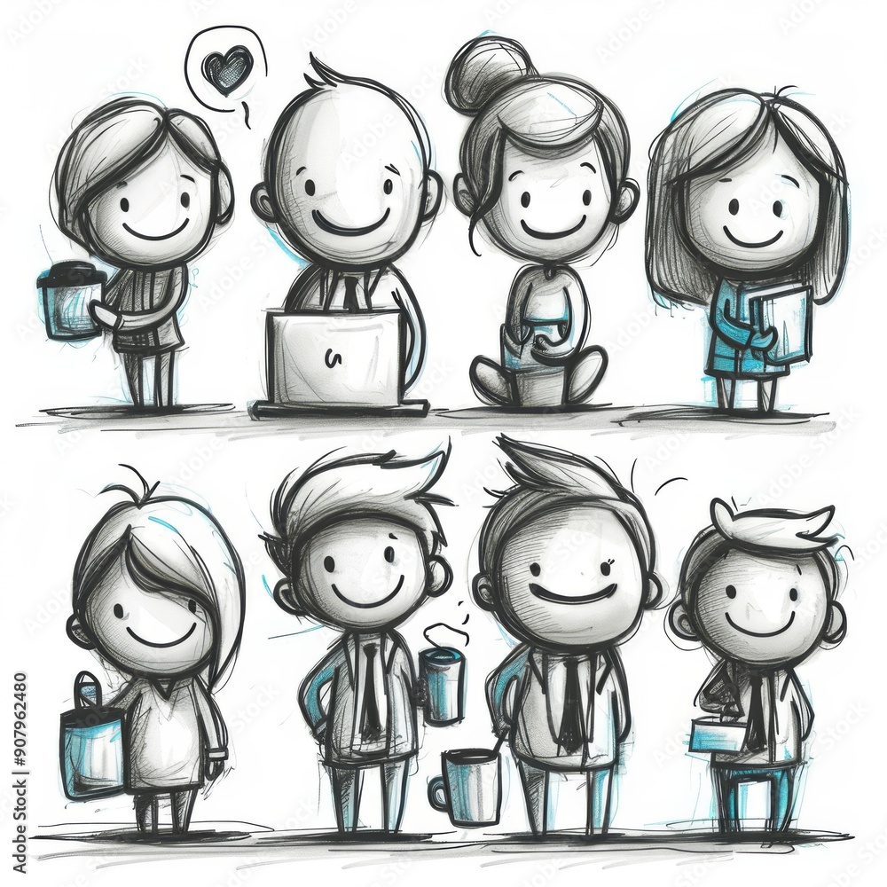 Poster animated stick figure characters with happy faces on white background expressing various emotions an