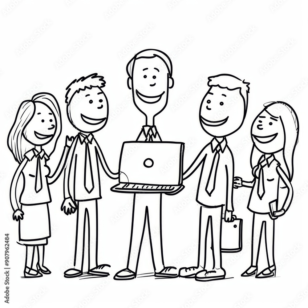 Poster group of animated stick figures engaged in collaborative discussion around laptop. generative ai