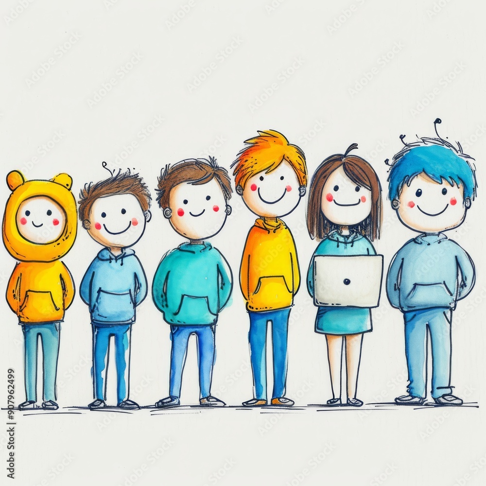 Aufkleber group of four animated stick figures engaged in creative digital activity at a minimalist workspace.