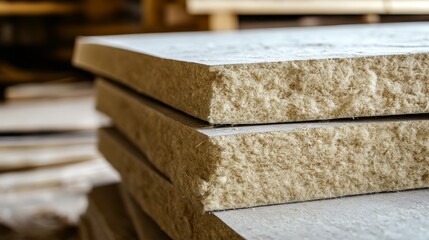 A close-up shot of stacked fiberboard panels, showcasing their natural, fibrous texture. These panels are eco-friendly, sustainable, and versatile for various construction projects.