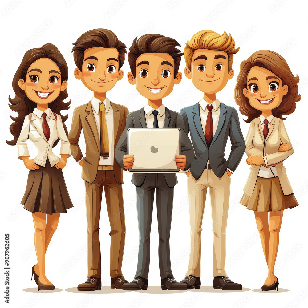Poster creative animated stick figure characters in business attire stand together in a professional settin