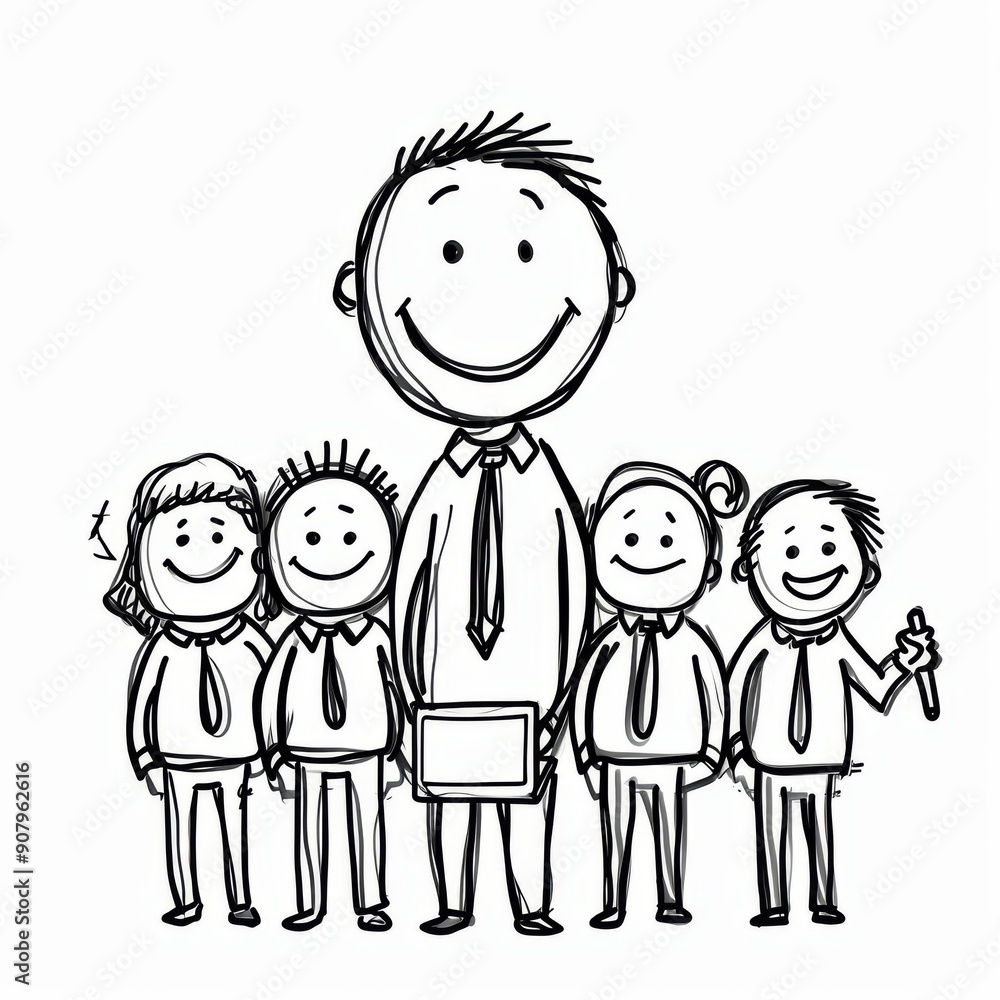 Poster group of stick figure characters smiling and celebrating together in a fun, animated setting. genera
