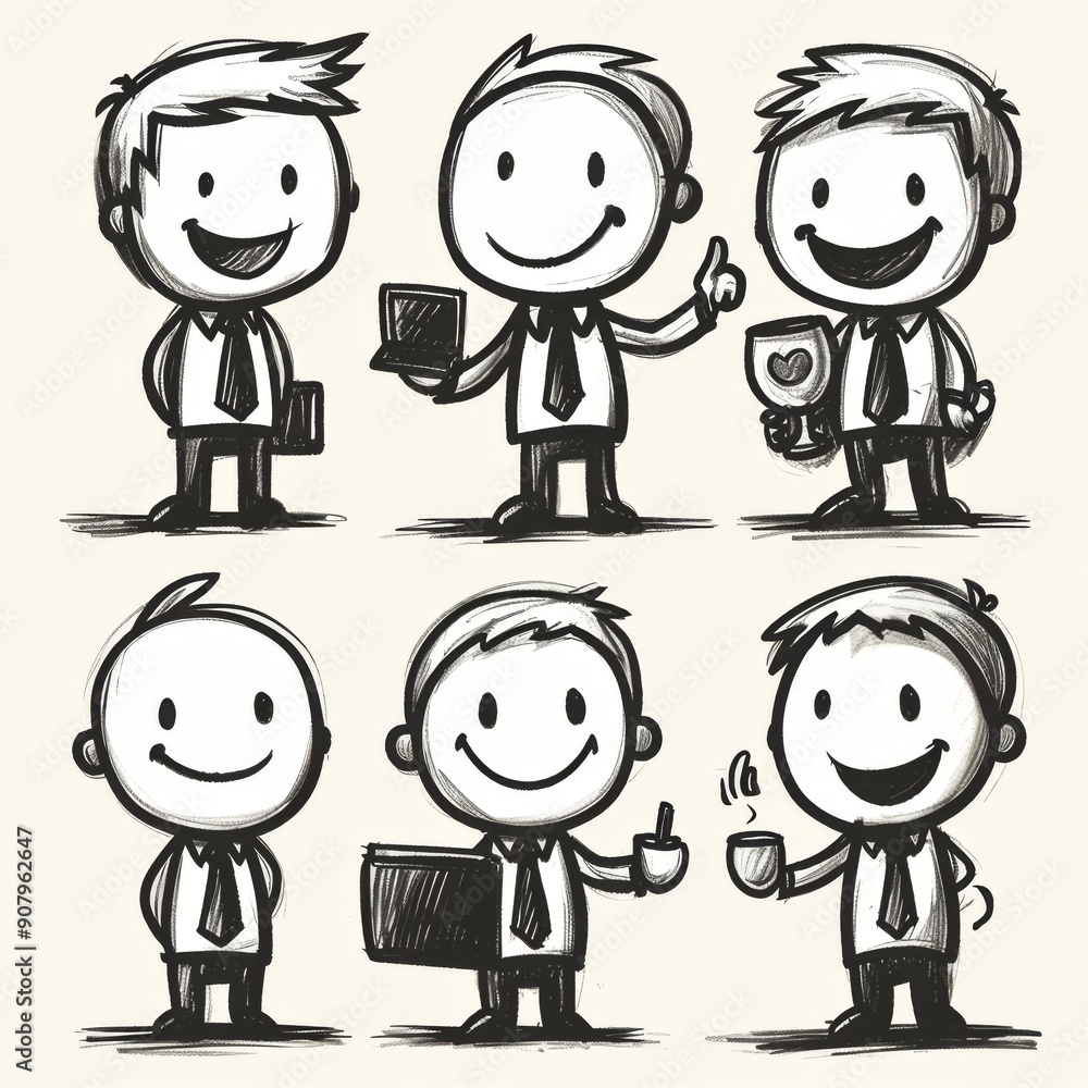 Poster animated stick figure characters with happy faces on white background expressing various emotions an