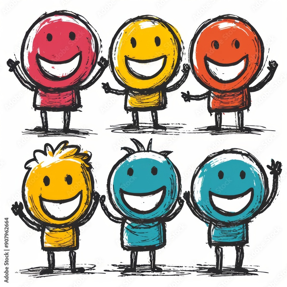 Poster animated stick figure characters with happy faces on white background expressing various emotions an