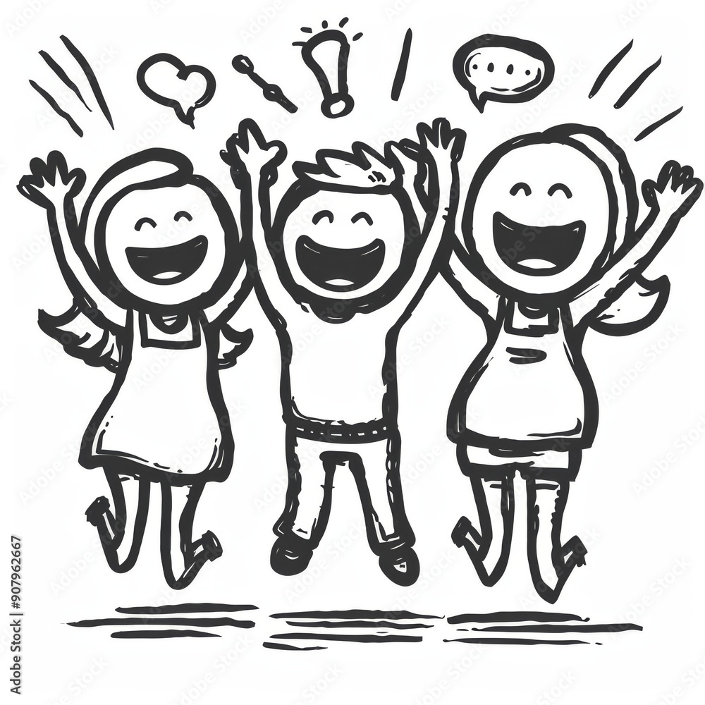 Poster animated stick figure characters celebrating joyfully against a simple white background. jump in joy