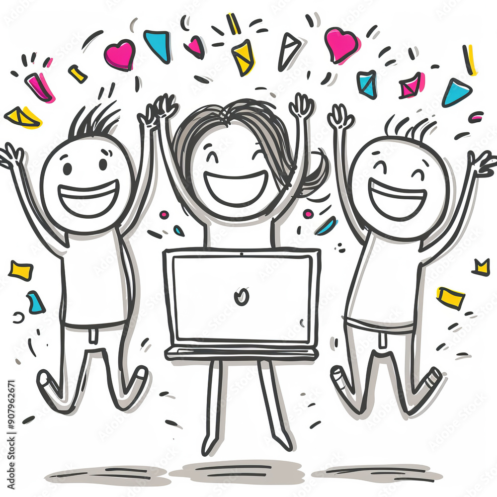 Aufkleber animated stick figure characters celebrating joyfully against a simple white background. jump in joy