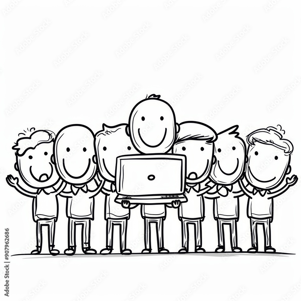 Poster group of cheerful stick figures celebrating technology with a computer in a fun animated scene. gene