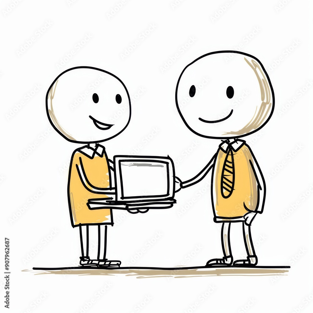 Poster animated stick figure characters exchanging a laptop in a simple, fun style on a white background. g