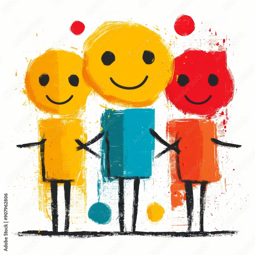 Poster colorful flat vector icon featuring three simple smiling characters in playful design style. generat