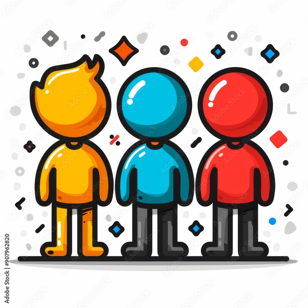 Poster vibrant abstract trio of cartoon characters displaying joyful expressions in a playful setting. gene