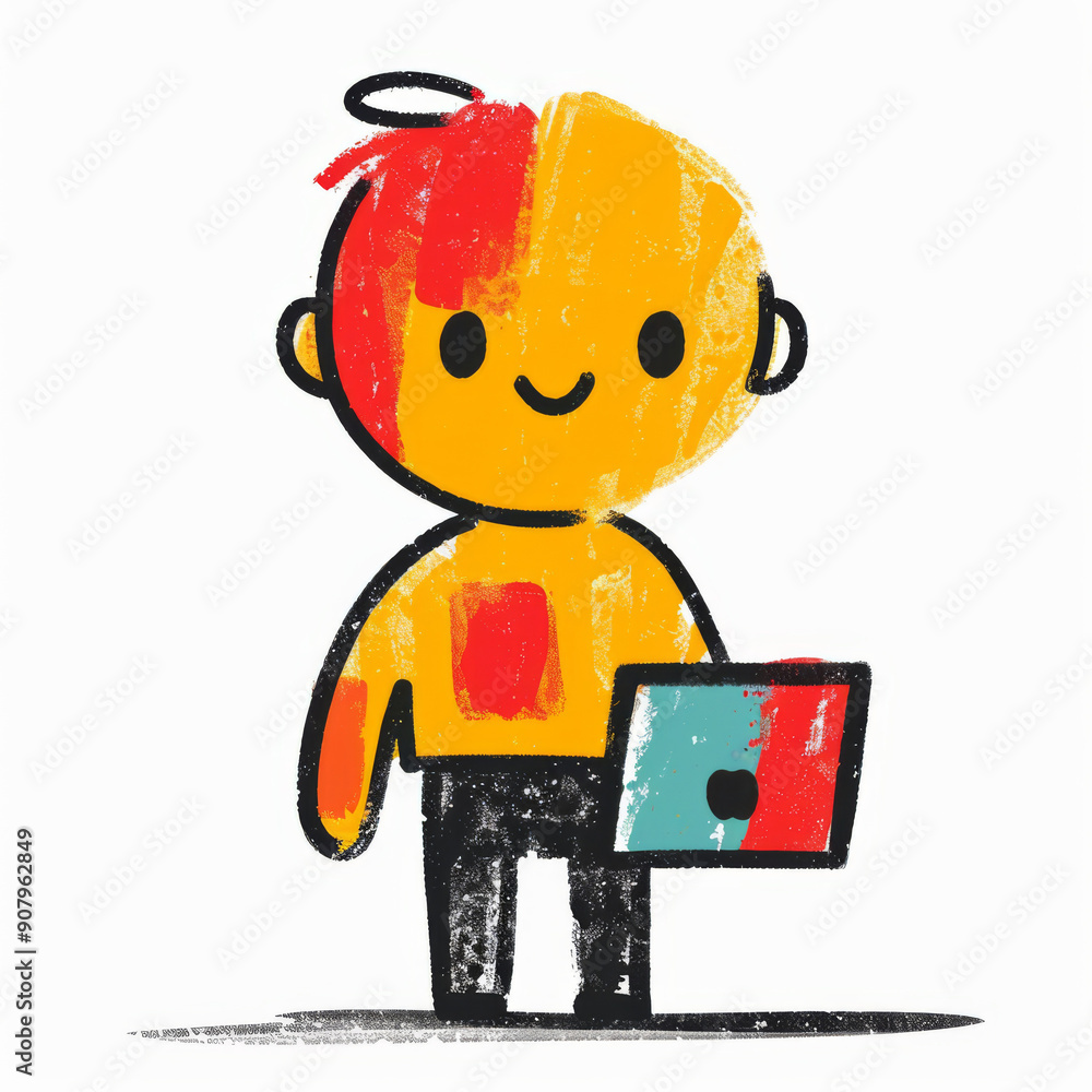Aufkleber colorful flat vector icon of a joyful character working on a laptop during daytime. generative ai