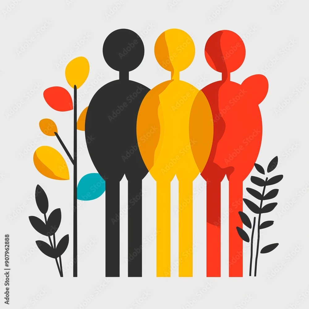 Poster abstract flat vector design featuring three stylized figures surrounded by colorful plants. generati