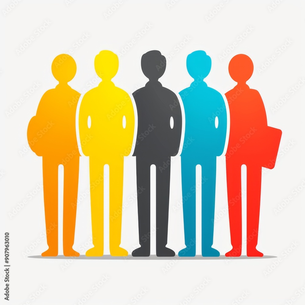 Poster five colorful stick figures representing diversity in a professional setting at daytime. generative 