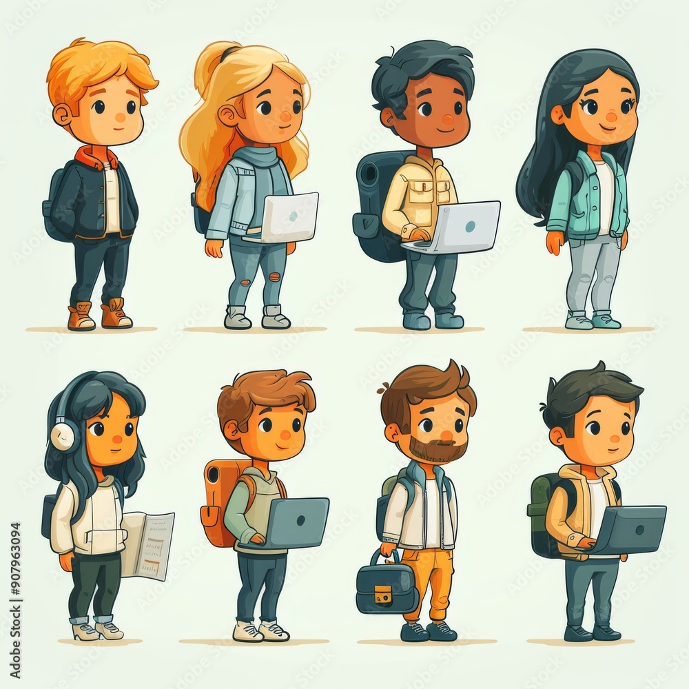 Poster playful flat vector design of diverse stick figure characters engaged in various activities in a cre