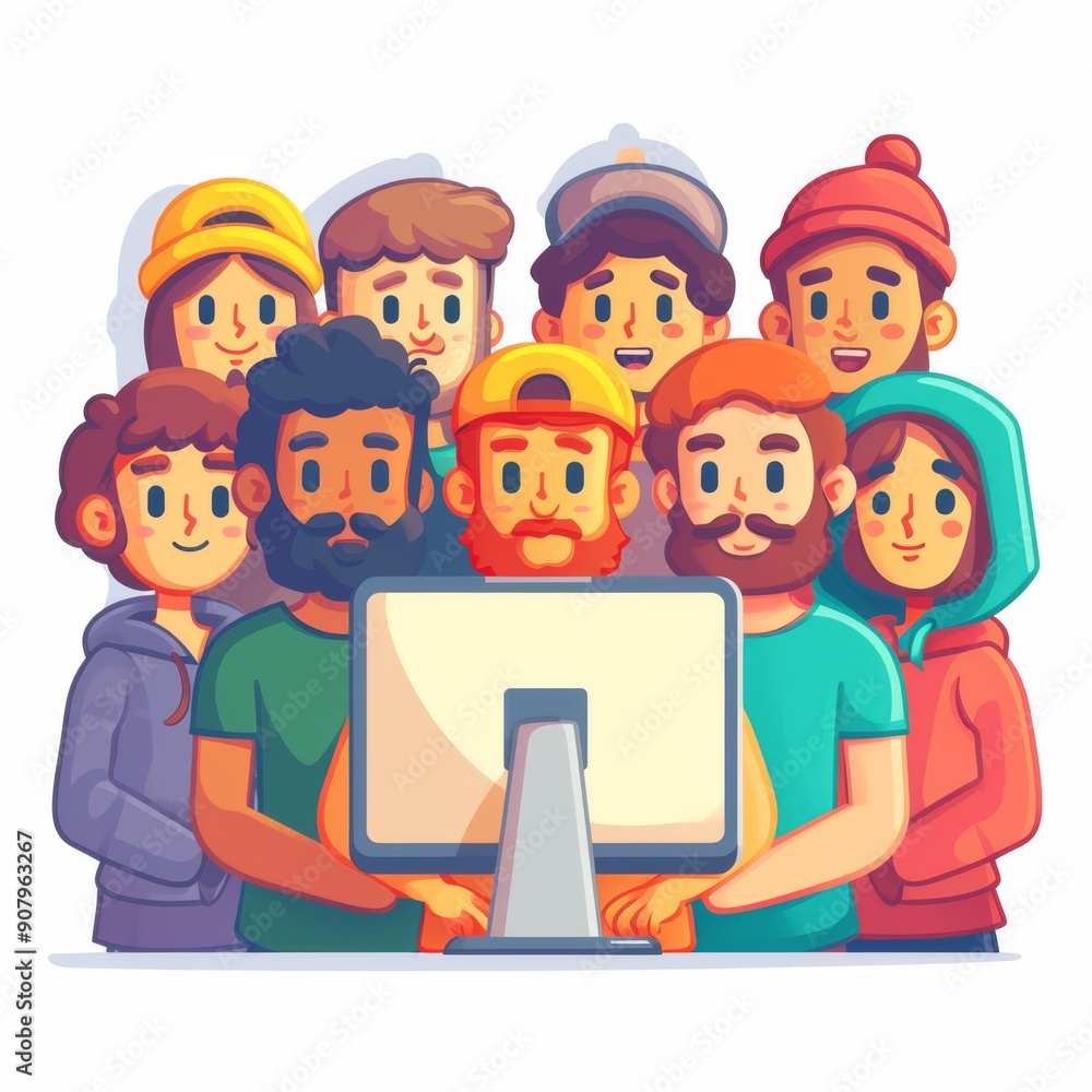 Poster group of diverse individuals collaborating on computer activities in creative workspace environment.