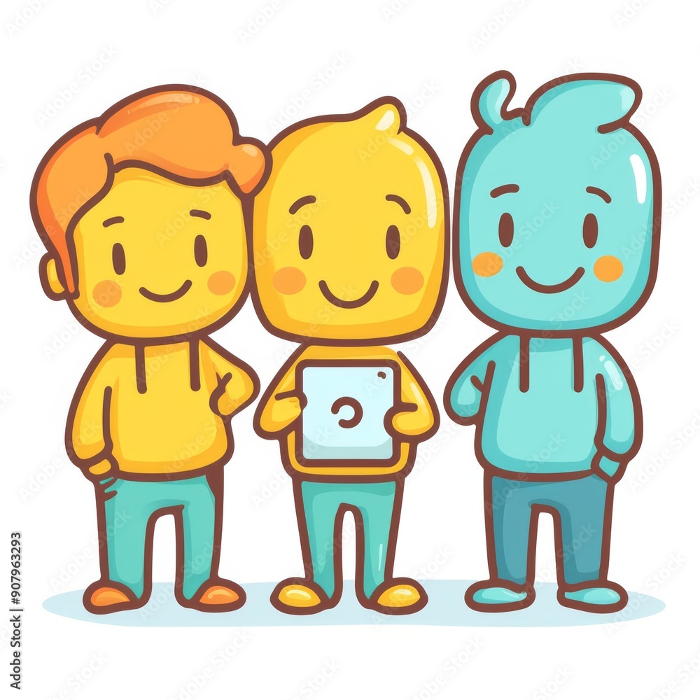 Aufkleber three playful characters in pastel colors enjoying a creative activity together in a friendly atmosp