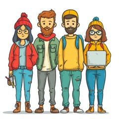 Group of  diverse cartoon characters displaying school spirit through fashion and technology in a colorful setting. Generative AI