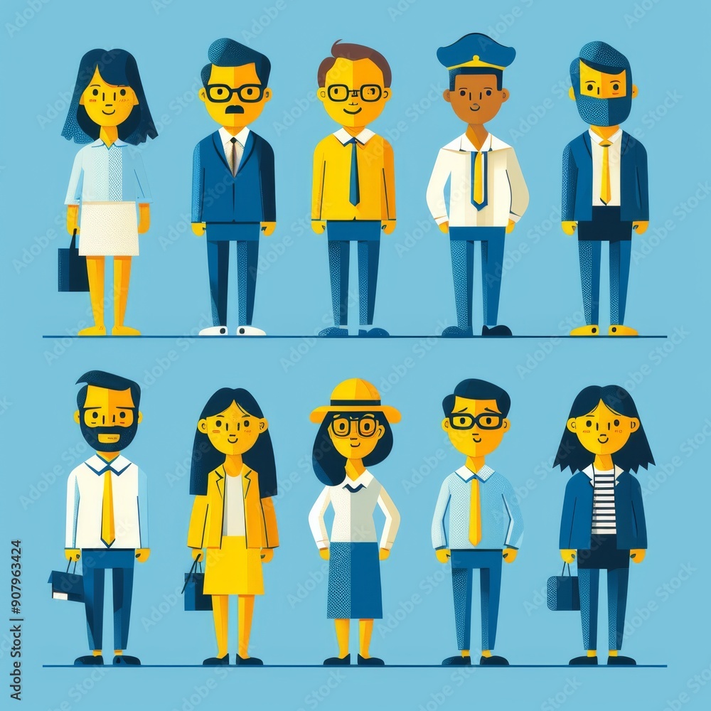 Poster diverse group of cartoon characters in various attire representing different professions and activit