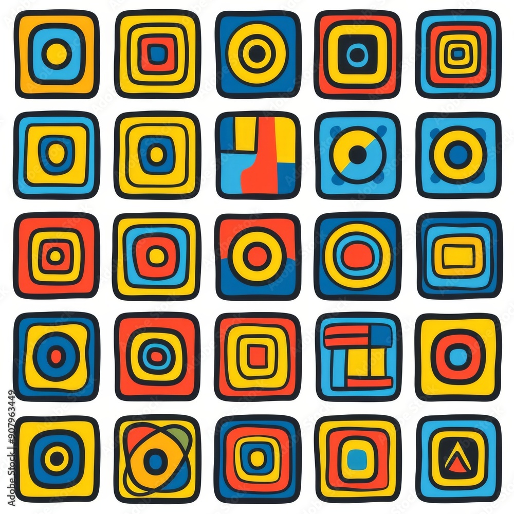 Poster colorful collection of simple square icons in various patterns and styles for graphic design project