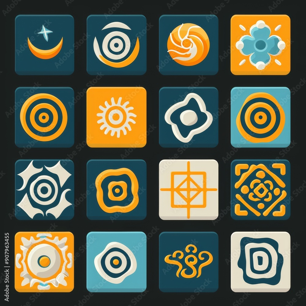 Poster collection of square icons featuring simple geometric and abstract designs in vibrant colors. genera