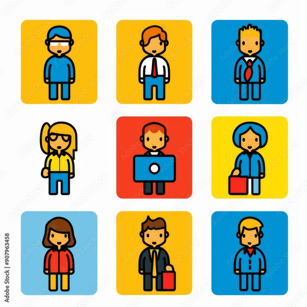 Poster collection of simple stick figure icons representing various professions in bright squares. generati
