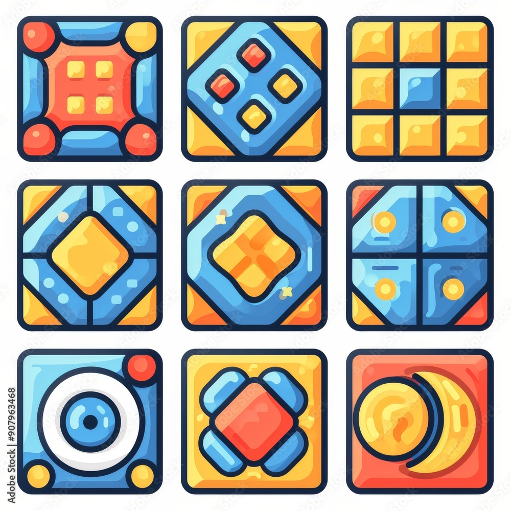 Poster collection of square icons featuring simple geometric and abstract designs in vibrant colors. genera