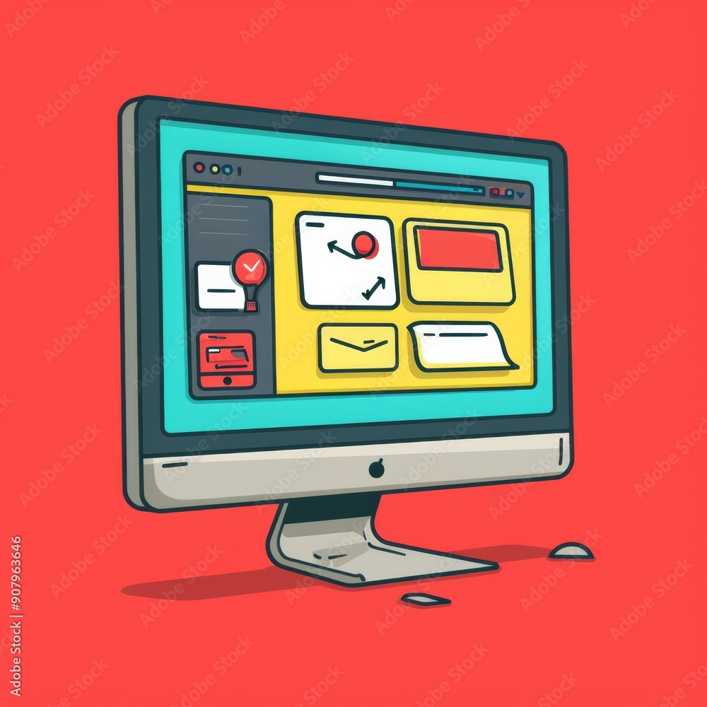 Poster modern web interface design featuring colorful elements and interactive features on a desktop monito