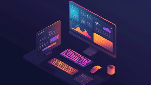 Modern user interface design featuring data visualization and interactive elements at night. Generative AI