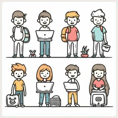 Playful thick line drawings of diverse characters engaging in various activities together. Generative AI