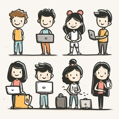 Playful thick line drawings of diverse characters engaging in various activities together. Generative AI