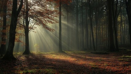 Obraz premium Magical forest scene with sunlight streaming through trees. Golden rays illuminate a carpet of autumn leaves on the forest floor. Mist and shadows create a enchanting atmosphere.