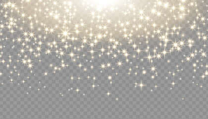 Sparkling magical dust particles. Flying particles of light. Christmas light bokeh confetti effect. Glitter gold stardust particles shine effect on png background. Vector sparkle texture illustration