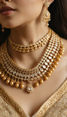 closeup of beautiful women neck wearing beautiful gold jewelry 