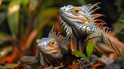 Fototapeta premium a couple of large lizards standing next to each other