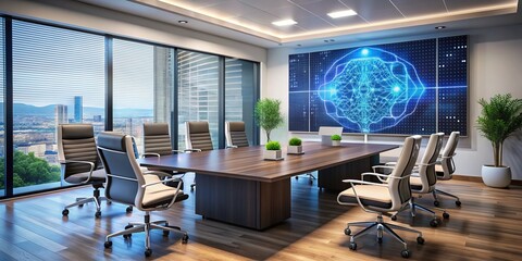 A modern conference room setup with a large screen displaying a desktop filled with artificial intelligence tools, surrounded by vacant sleek chairs and notebooks.