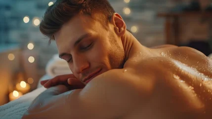 A man is lying on a massage table with his eyes closed © liliyabatyrova
