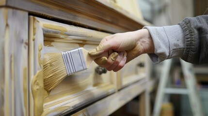 Hand Painting Wooden Furniture with a Brush.